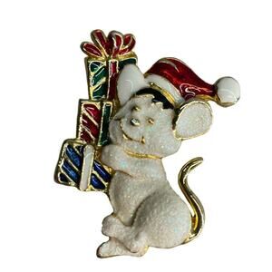 Vintage 1980's Snowman Mouse Carrying Christmas Presents Brooch‎ Pin